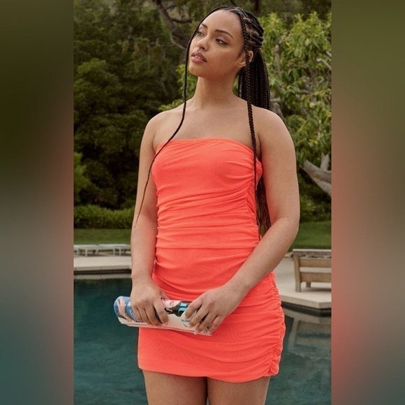 NWT By Anthropologie Strapless Ruched Mini Dress in Coral, 1X - Picture 1 of 10